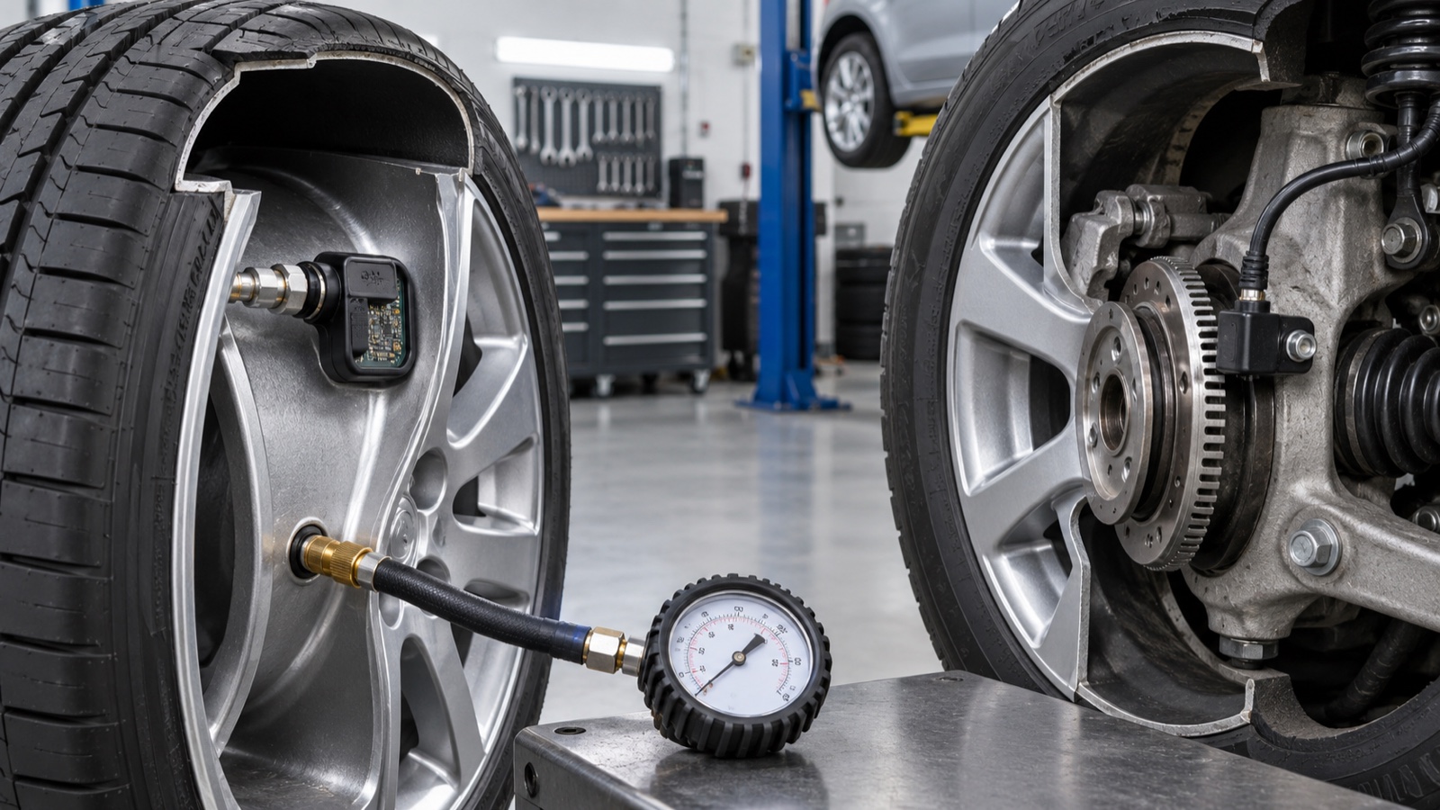 Колесо с манометром, табличка нормы давления и сигнальная лампа TPMS